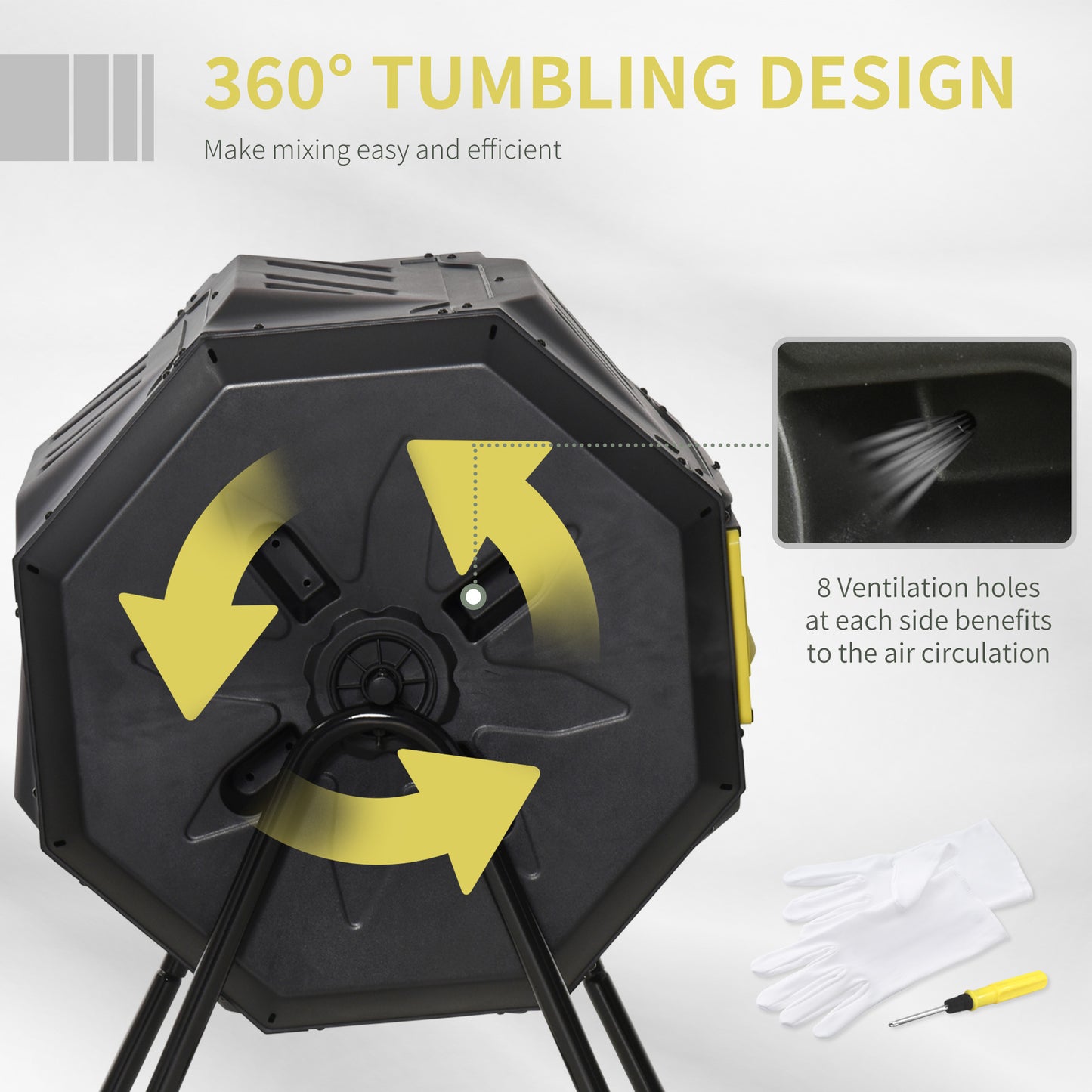 Outdoor 360° Double Chamber Rotating Compost Bin - 43 Gallon Yellow Garden Tool