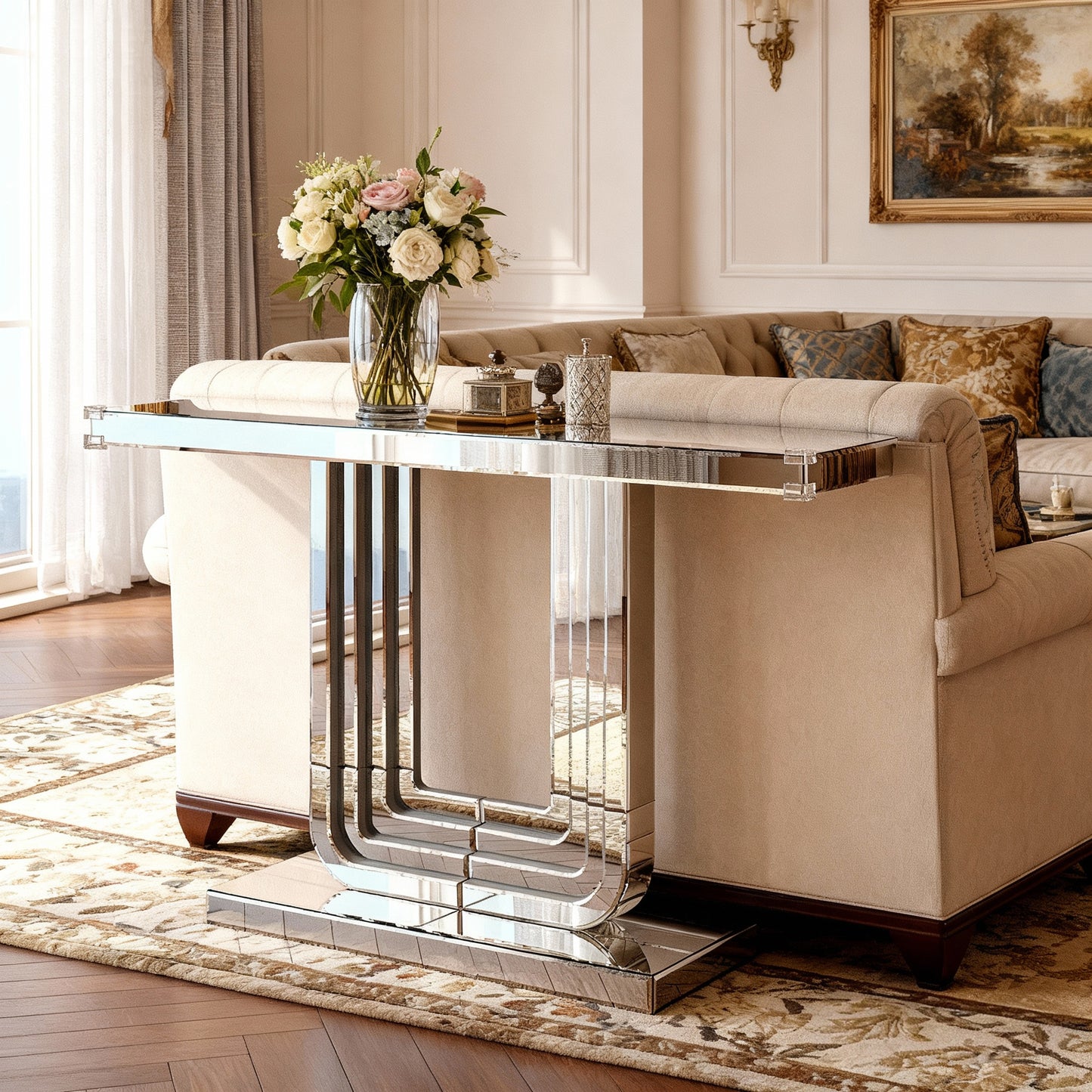 Silver Mirrored Console Table with U Base - 47 Inch