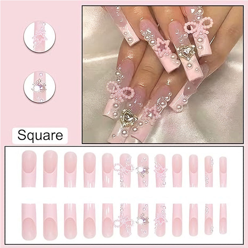 24 PCS Bow Knot Press-On Nails - Long Square False Nail Tips - Pink