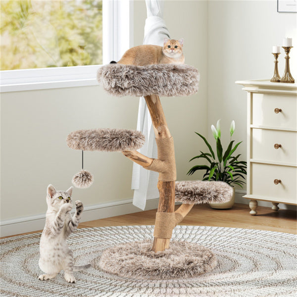 Natural Pear Wood Cat Tree with Scratching Posts & Plush Balls - Multi-Level Cat Furniture