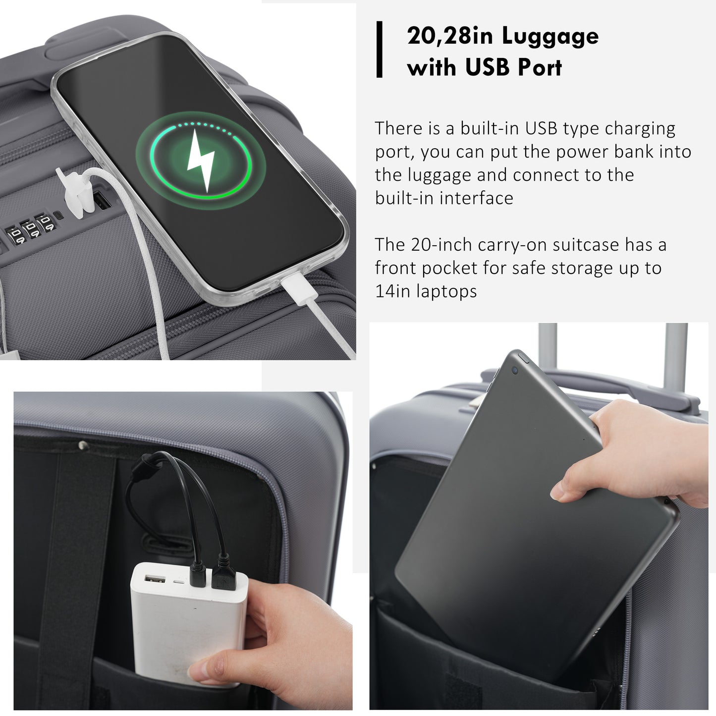 4-Piece Luggage Set with USB Charging Ports - Grey