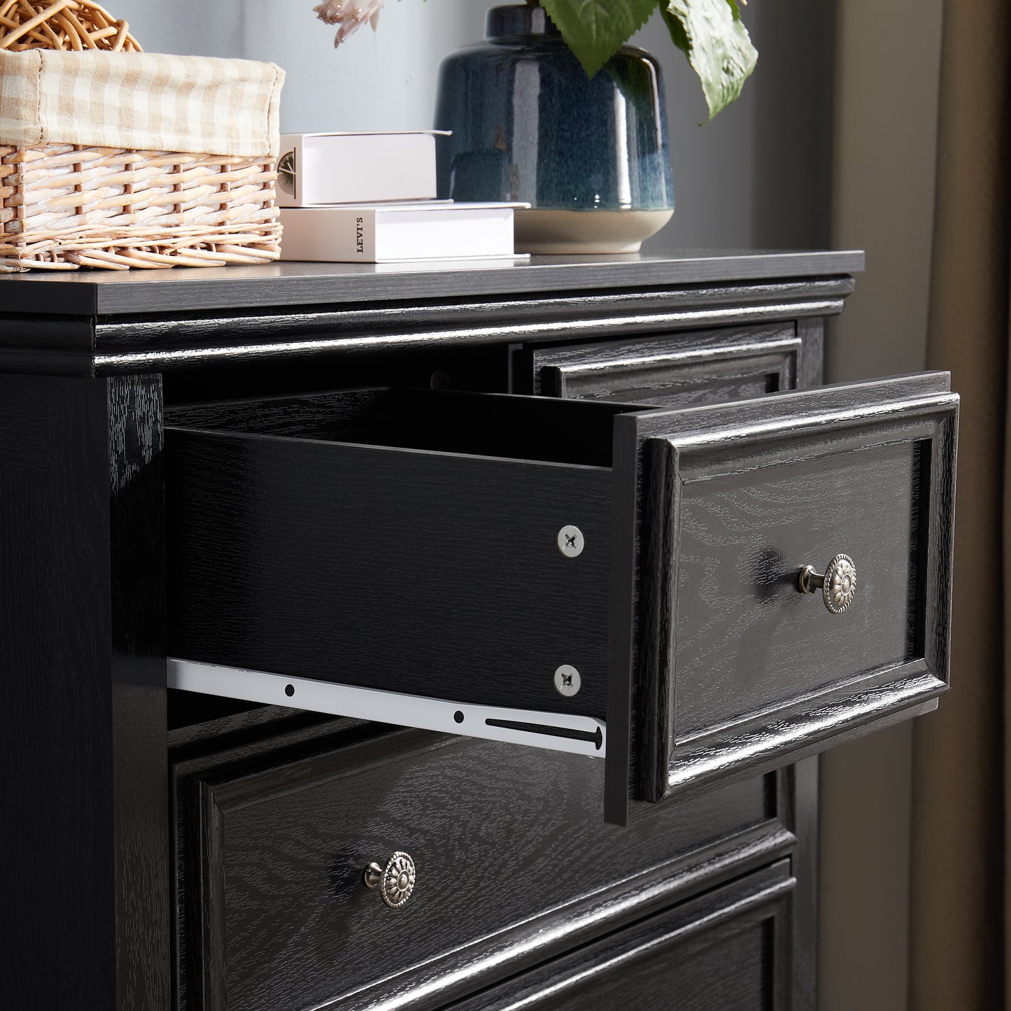 Modern 6-Drawer Dresser - Black Storage Cabinet for Living Room