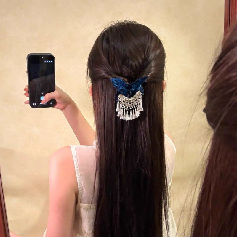 Butterfly-Embroidered Tassel Hair Clip - Alligator Clip