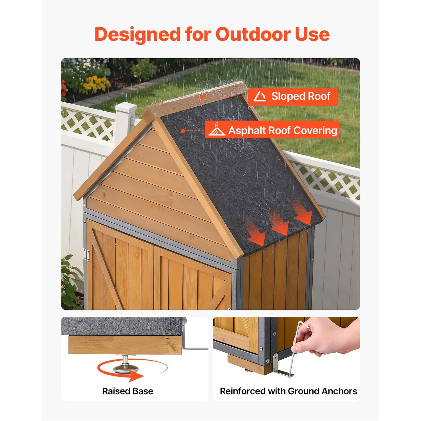 Wood & Metal Garden Tool Storage Shed - Waterproof Lockable Outdoor Cabinet with Shelves and Floor, Brown