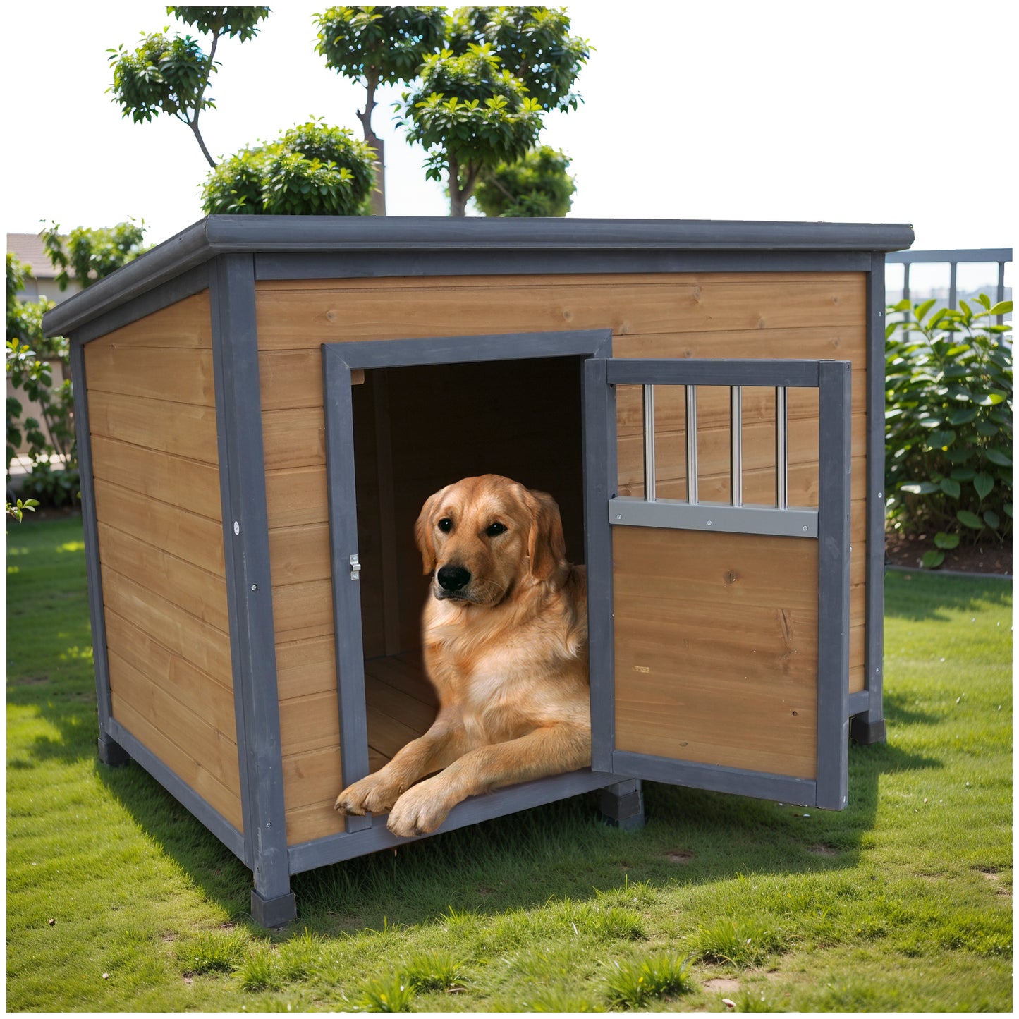 Large Solid Wood Dog House with Waterproof PVC Roof & Breathable Wooden Doors - Gray+Yellow