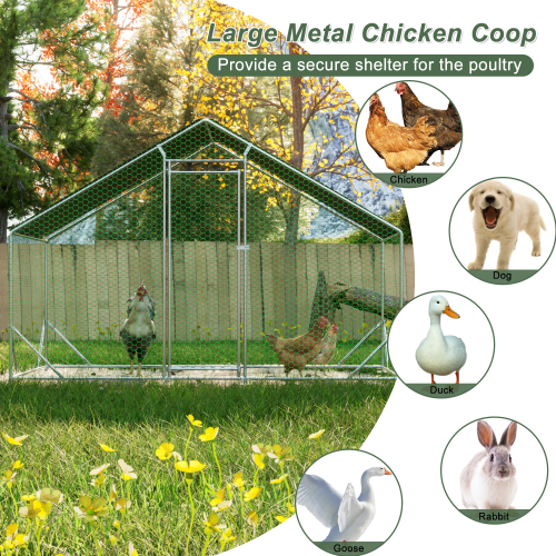 Large Metal Chicken Coop Walk-In Poultry Run with Waterproof UV Cover - Silver