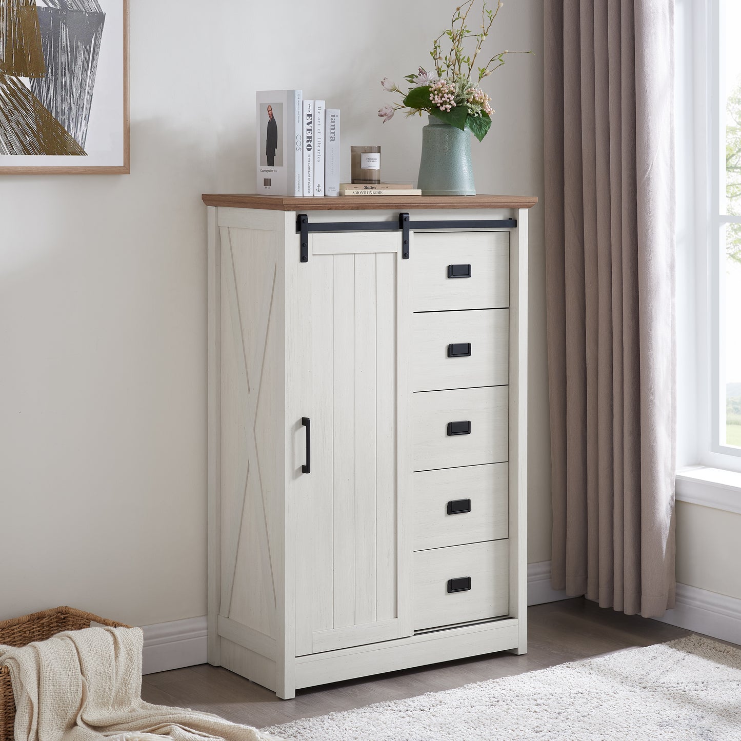 5-Drawer Farmhouse Dresser with Sliding Barn Door - White