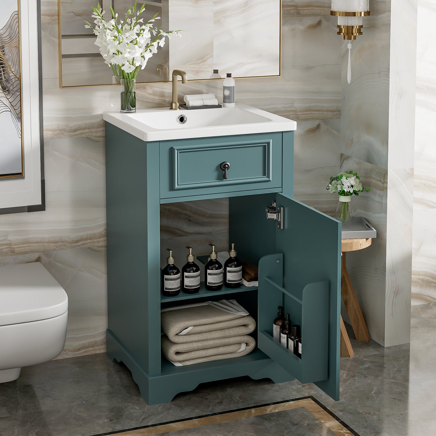 20-Inch Green Bathroom Vanity with Ceramic Sink & Soft Close Door
