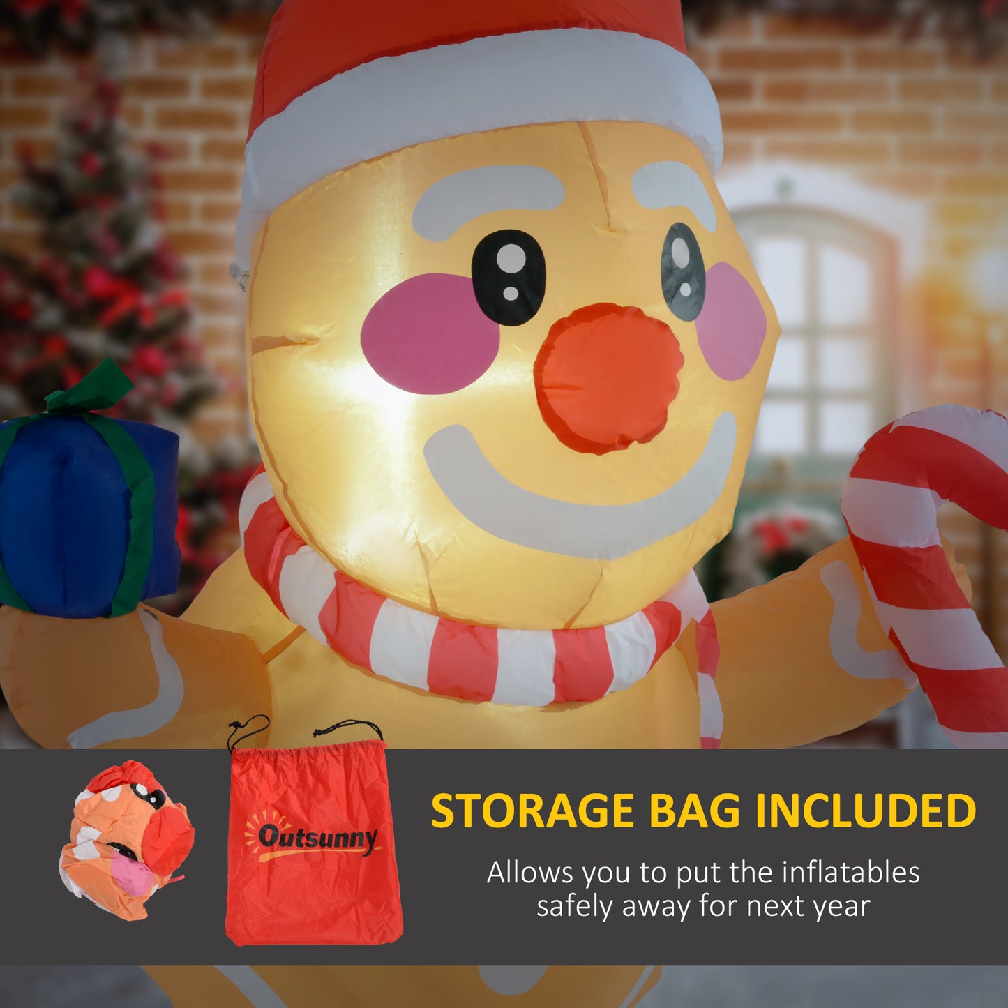 Inflatable Gingerbread Man with Gift Box & Candy Cane - LED Lights