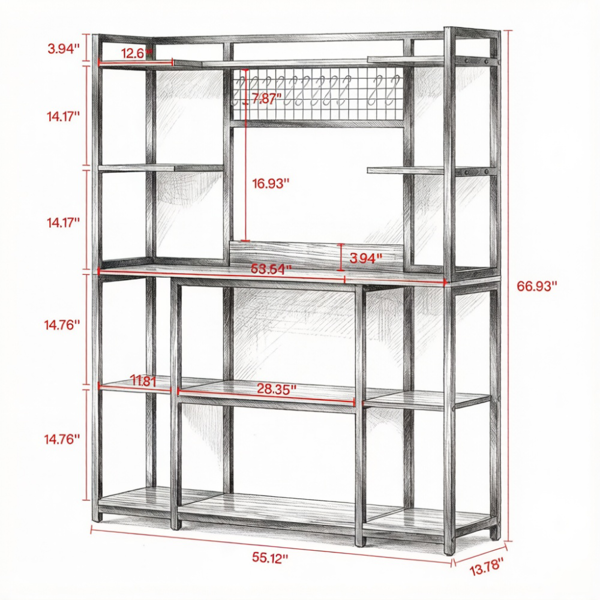 Large 5-Tier Bakers Rack with Hooks - Black & Brown