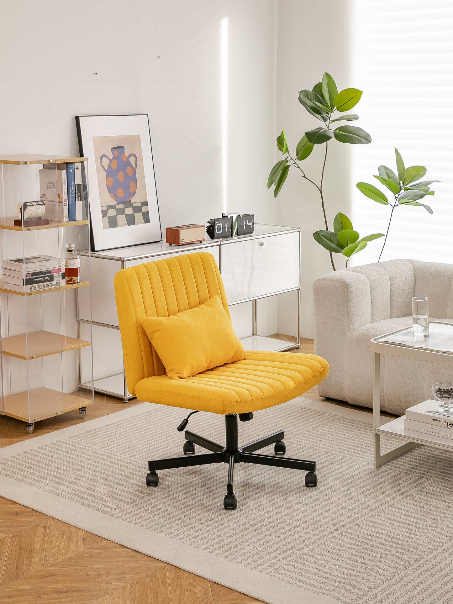 Yellow Linen Criss Cross Office Chair with Wheels - Ergonomic Design
