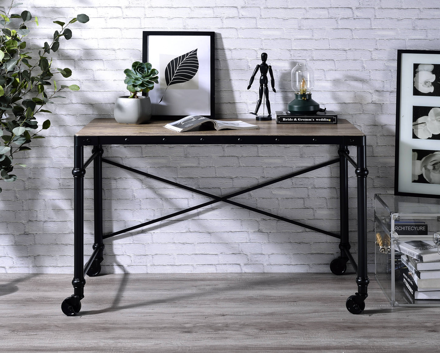 Rustic Oak & Black Finish Writing Desk - Mobile Design