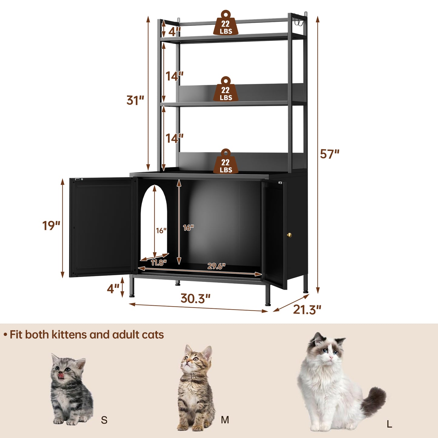 Metal Cat Litter Box Enclosure with 3-Tier Storage - Black