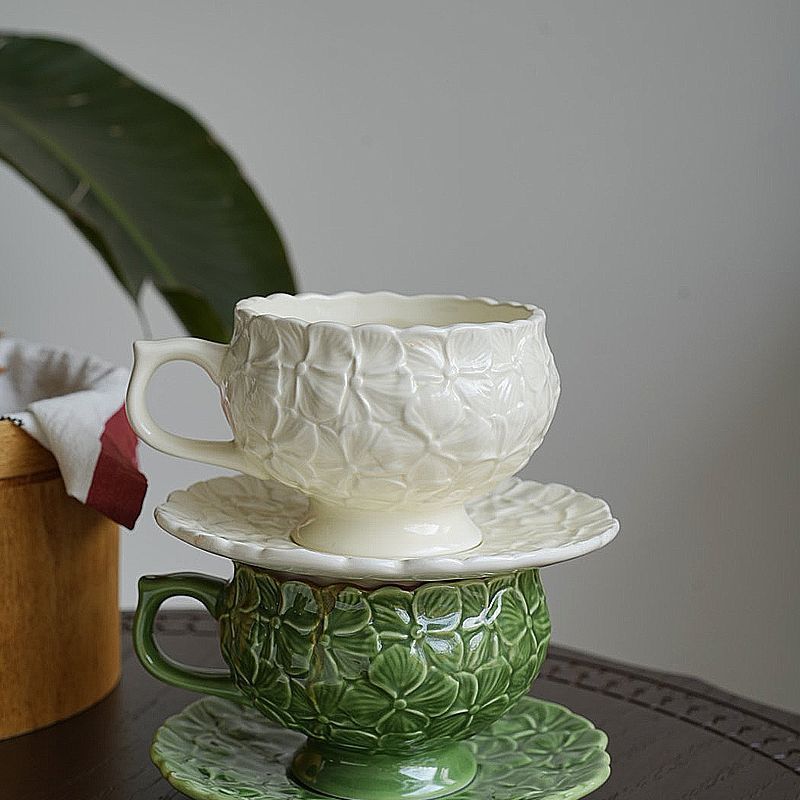 Retro Embossed Ceramic Coffee Cup Set - Multiple Colors & Capacity