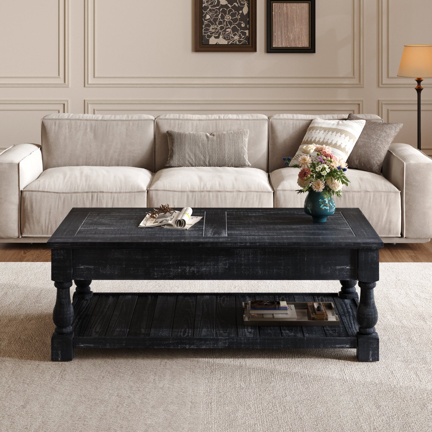Farmhouse Lift Top Coffee Table with Storage Trays - Antique Black