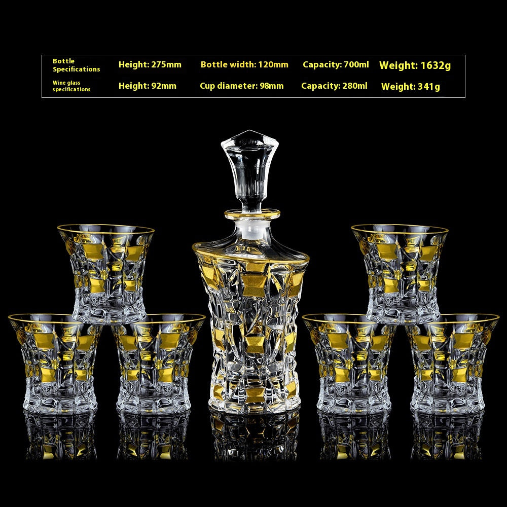 Crystal Glass Whiskey and Wine Set - Creative Gold Finish, 7-Piece Home Barware