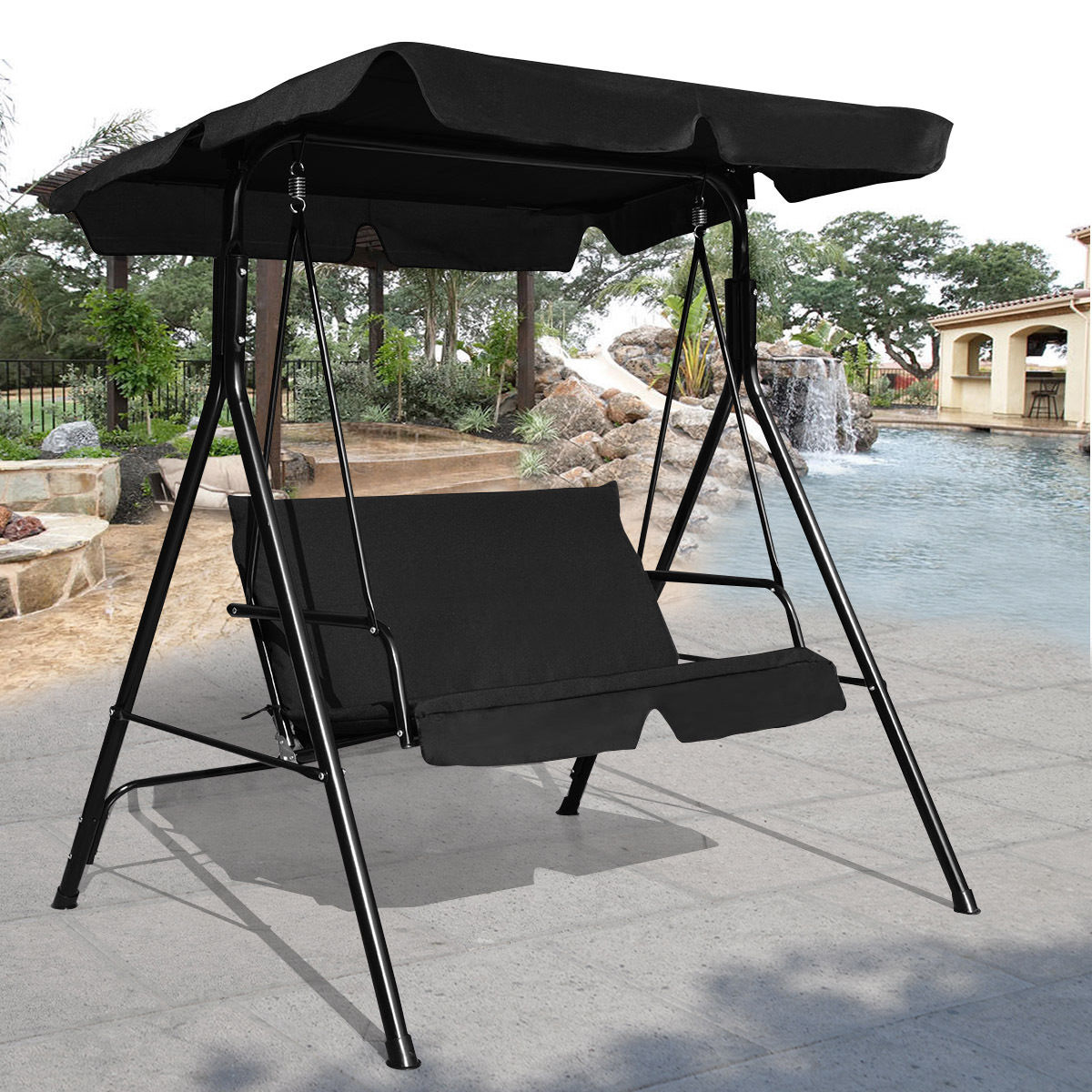 Outdoor Loveseat Swing Glider with Cushions - Black Steel Frame