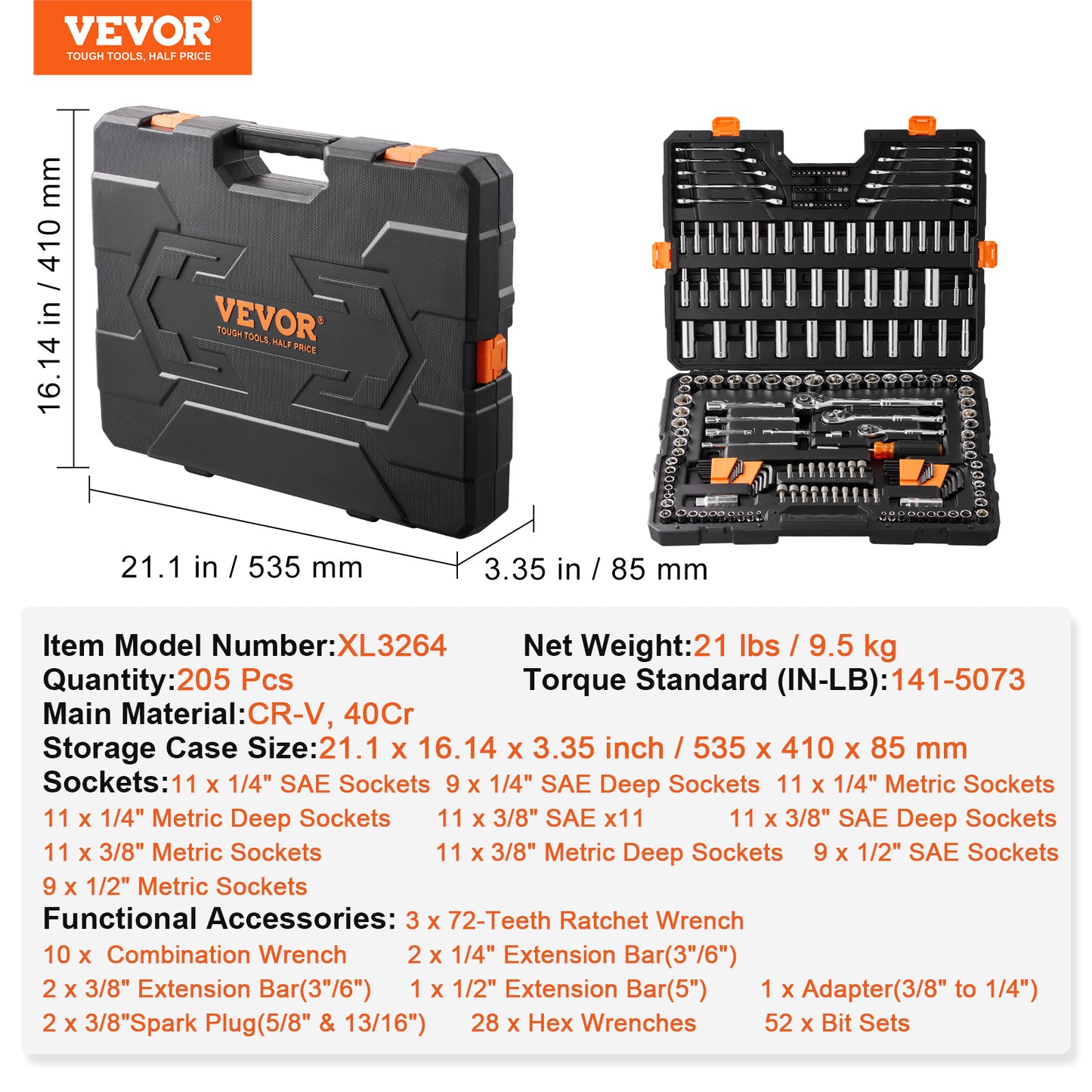 205-Piece Mechanic Tool Set with Sockets Wrenches & Storage Case