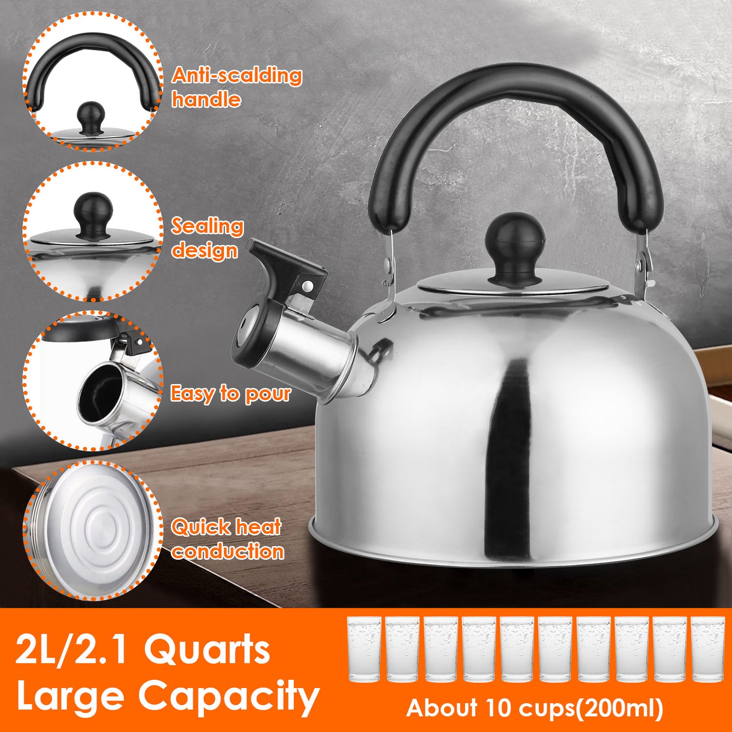 2.1 Quart Stainless Steel Whistling Tea Kettle - Silver