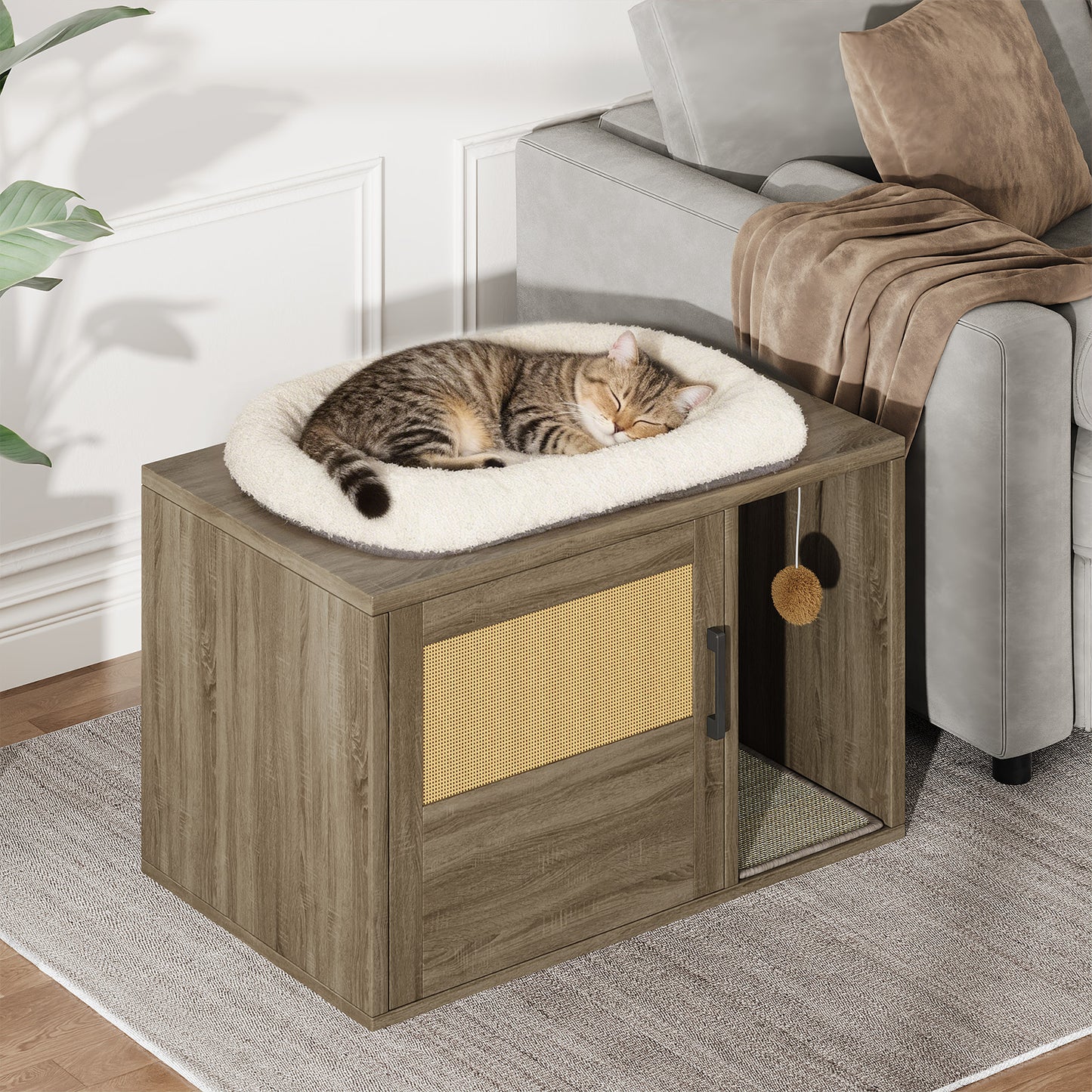 Cat Litter Box Enclosure & Side Table with Scratching Pad - Wooden Pet Furniture