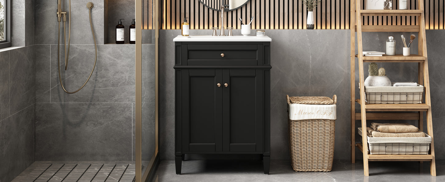 24" Black Bathroom Vanity with Soft-Close Doors & Storage
