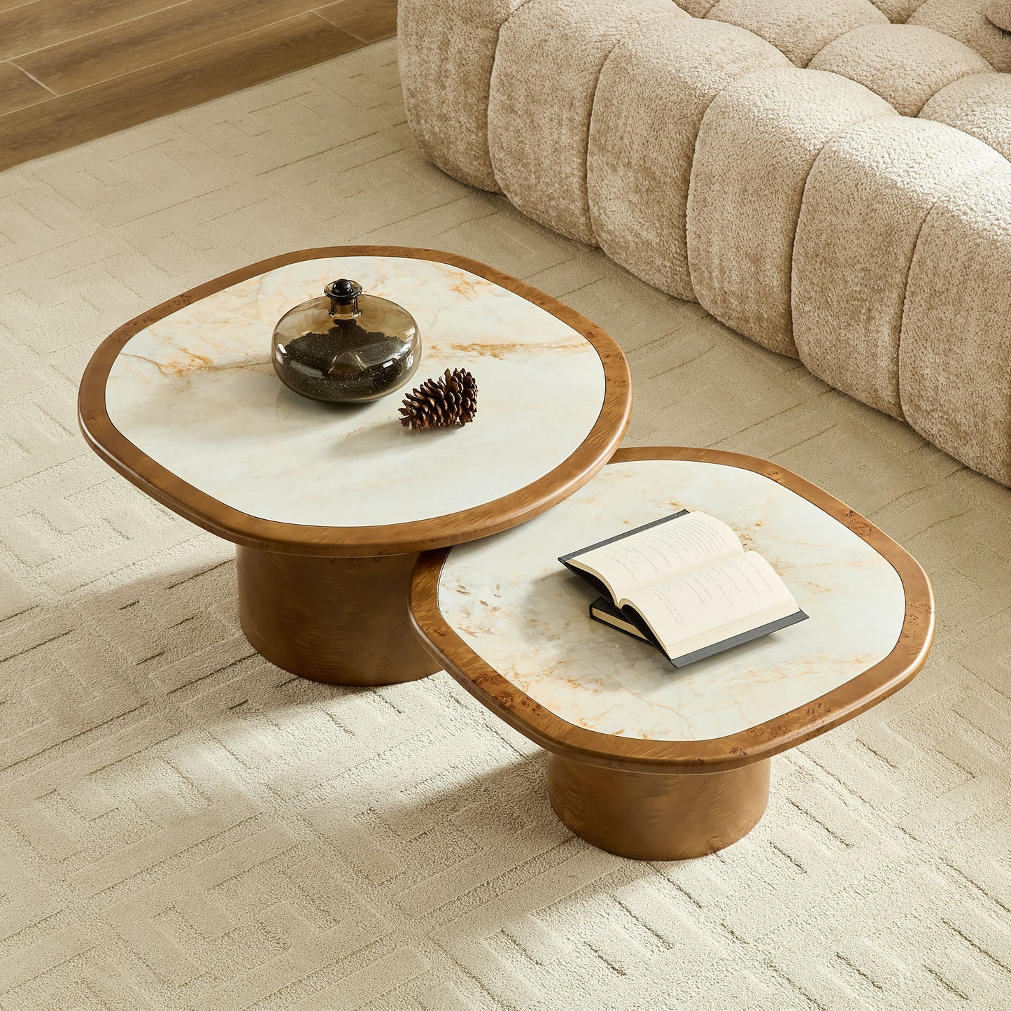 Irregular Coffee Table Set - 2 Piece Walnut MDF & Sintered Stone