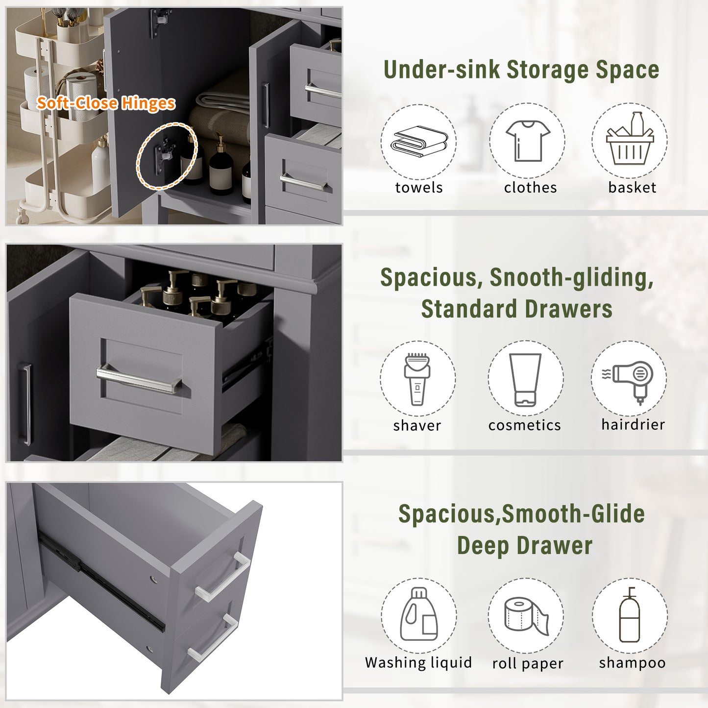30" Bathroom Vanity with Ceramic Sink & Soft-Close Doors - Grey