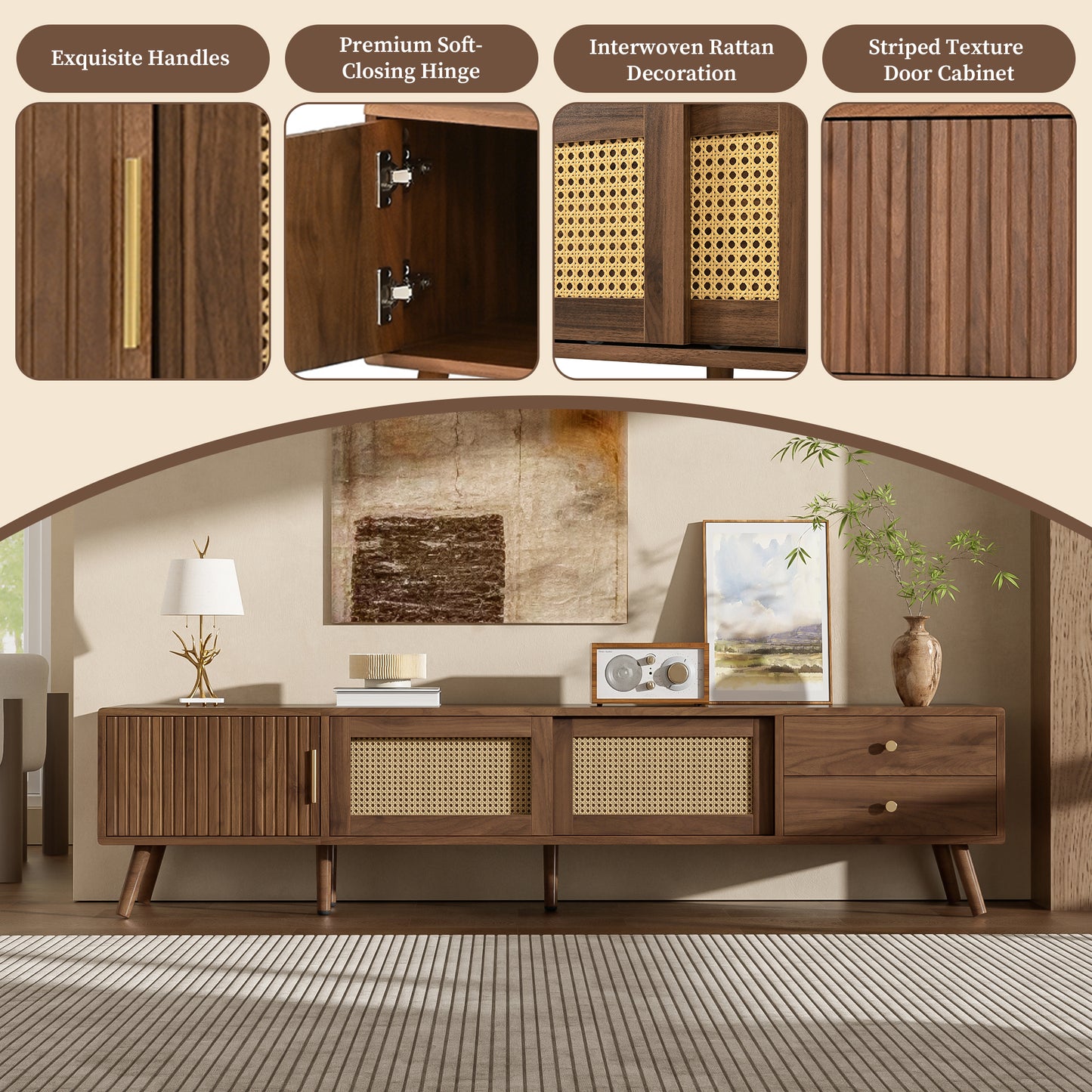 76" Modern Rattan TV Stand for TVs up to 85 Inches - Natural