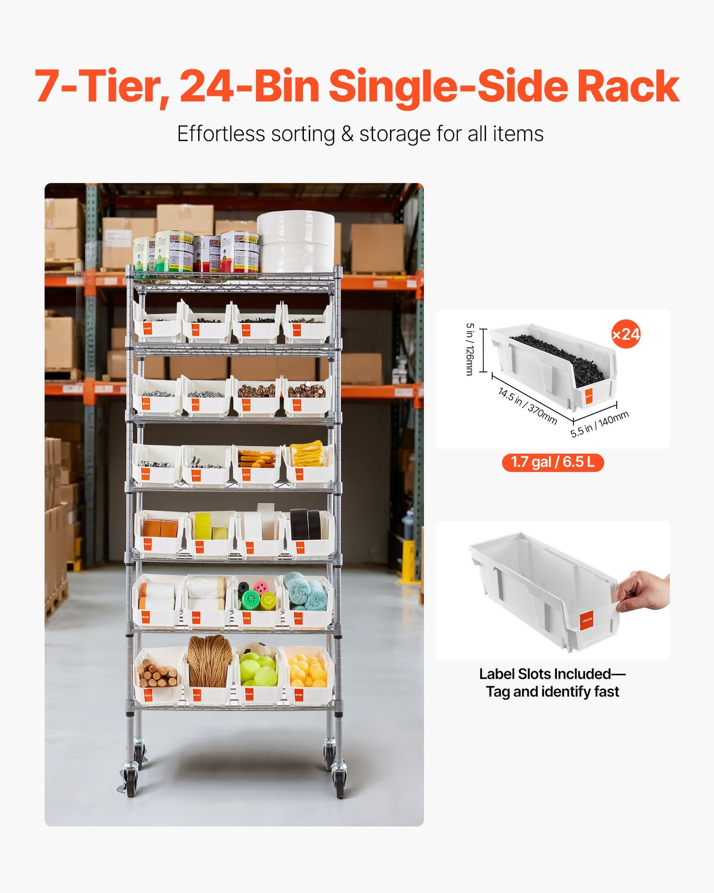 7-Tier Rolling Storage Bin Rack with 24 Small Bins for Garage & Workshop