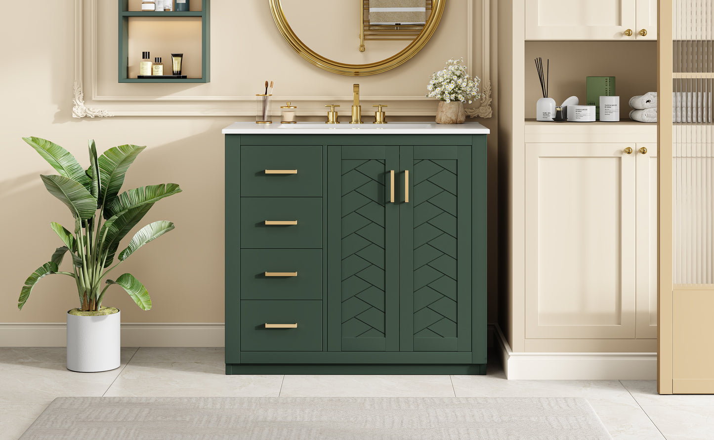 36-Inch Green Bathroom Vanity with Ceramic Sink & Storage Cabinet