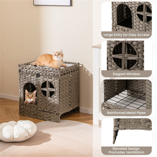 Gray Wicker Cat Condo with Litter Mat & Detachable Cushion - Hidden Enclosure