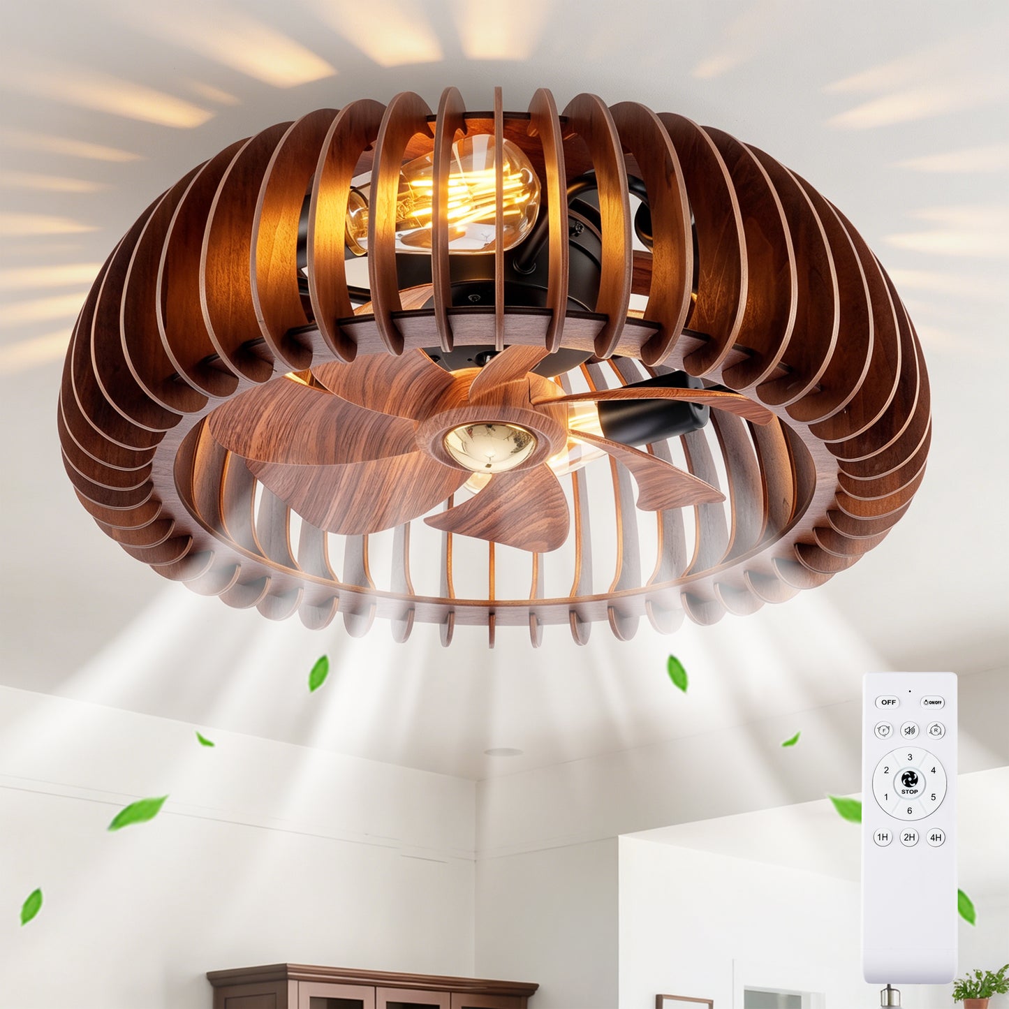 20" Semicircle Modern Flush Mount Ceiling Fan Light with Remote Control - Wood