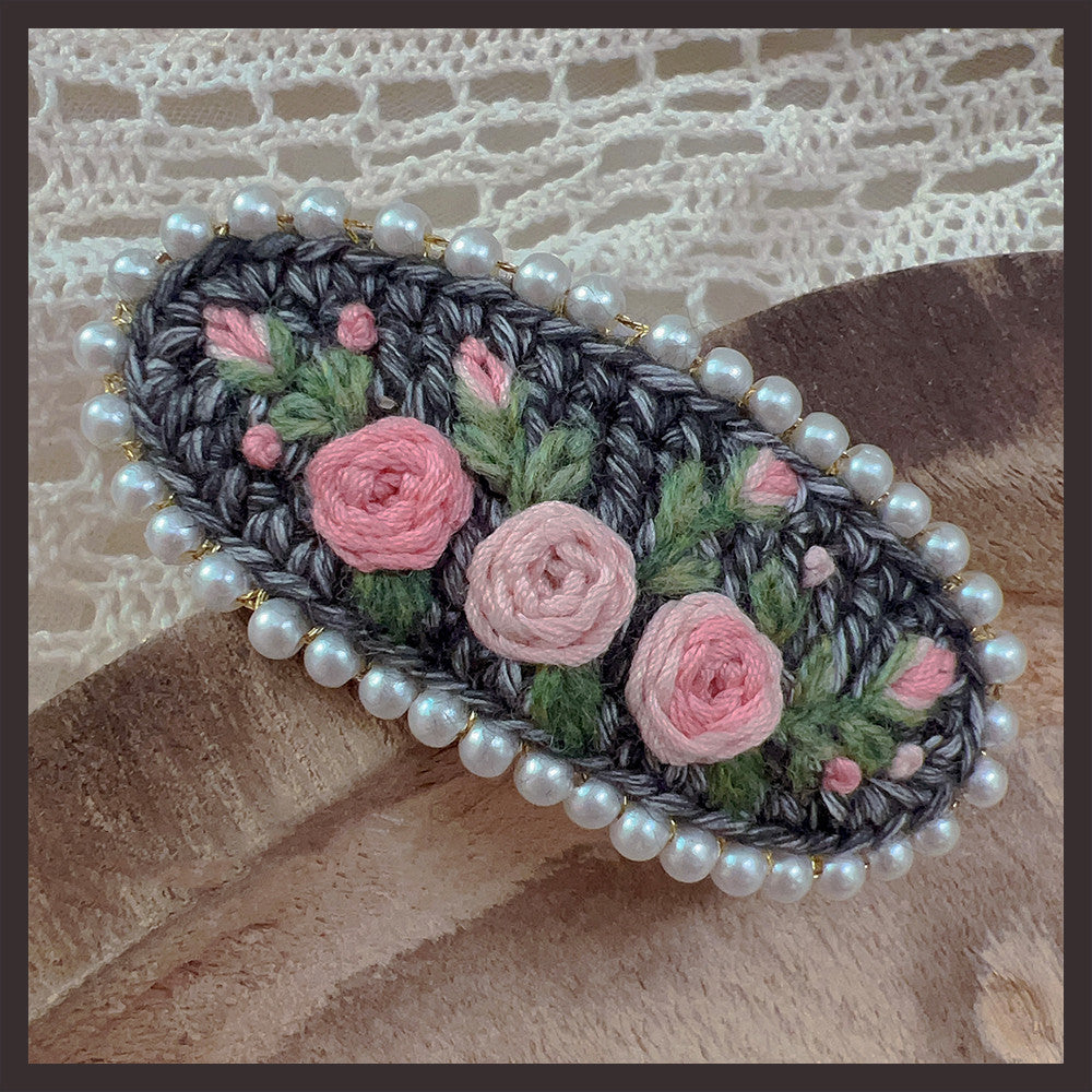 Retro Embroidery Wool Hair Clip with Pearl Details