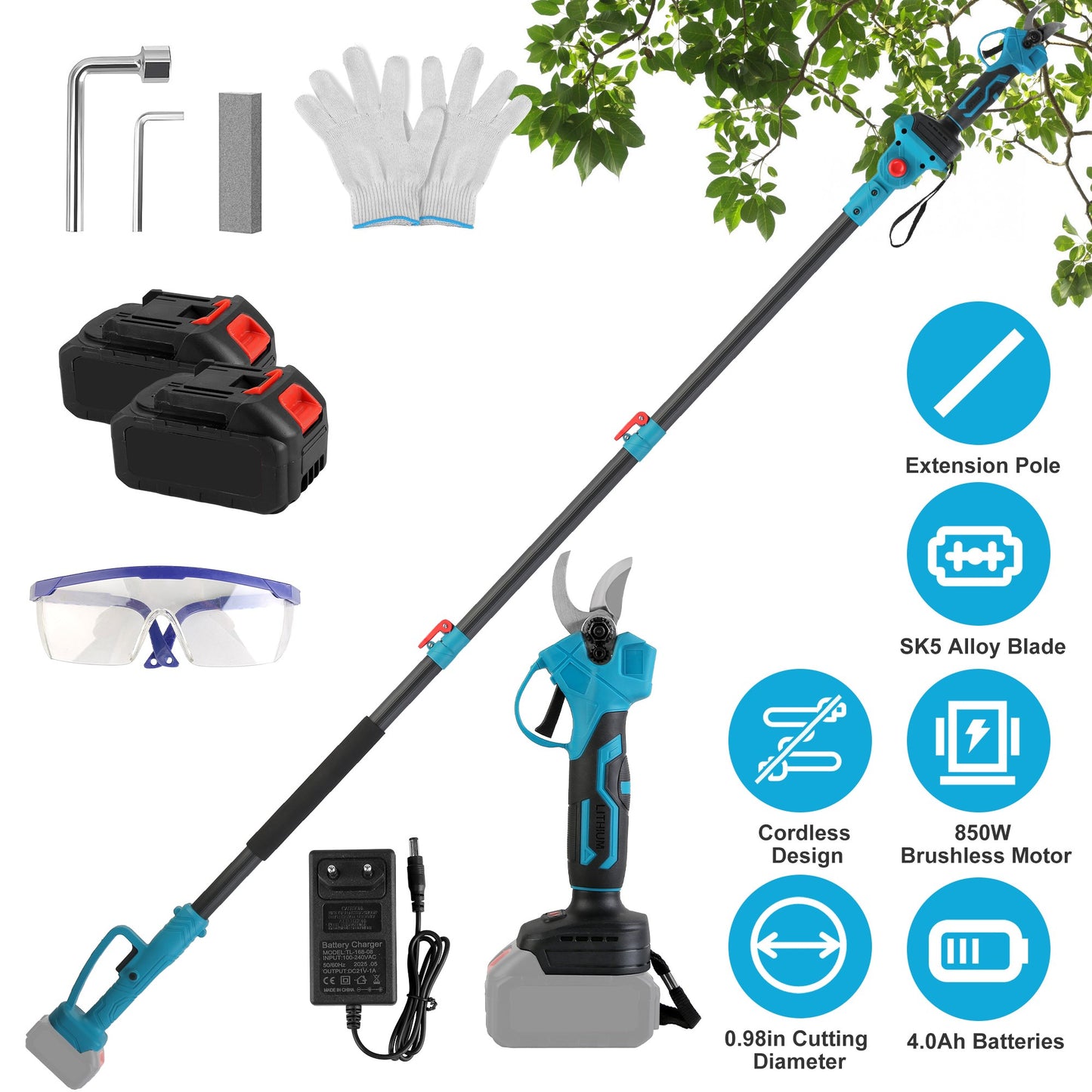 Cordless Electric Pruning Shear with Extension Pole 21V 4.0Ah Battery 13ft Reach