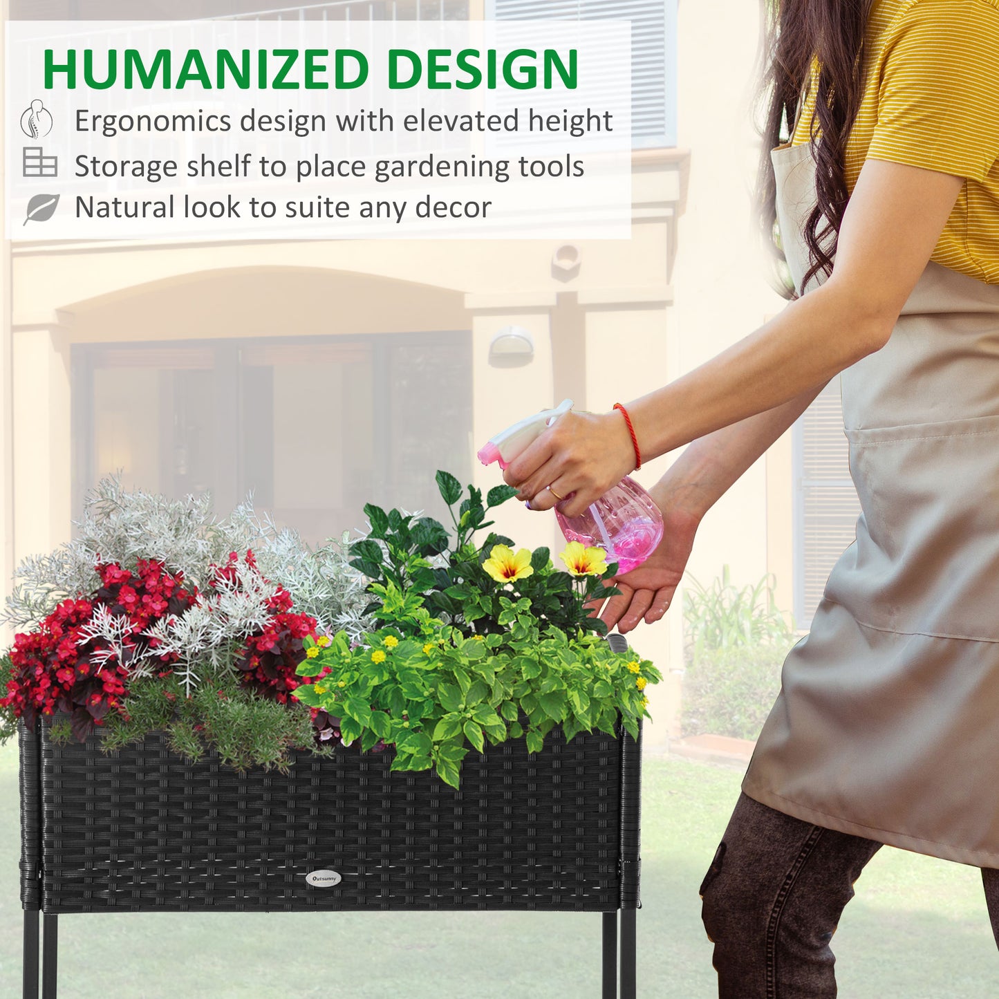 Raised Flower & Vegetable Planter Box with Storage Shelf - Black 730x130x320mm