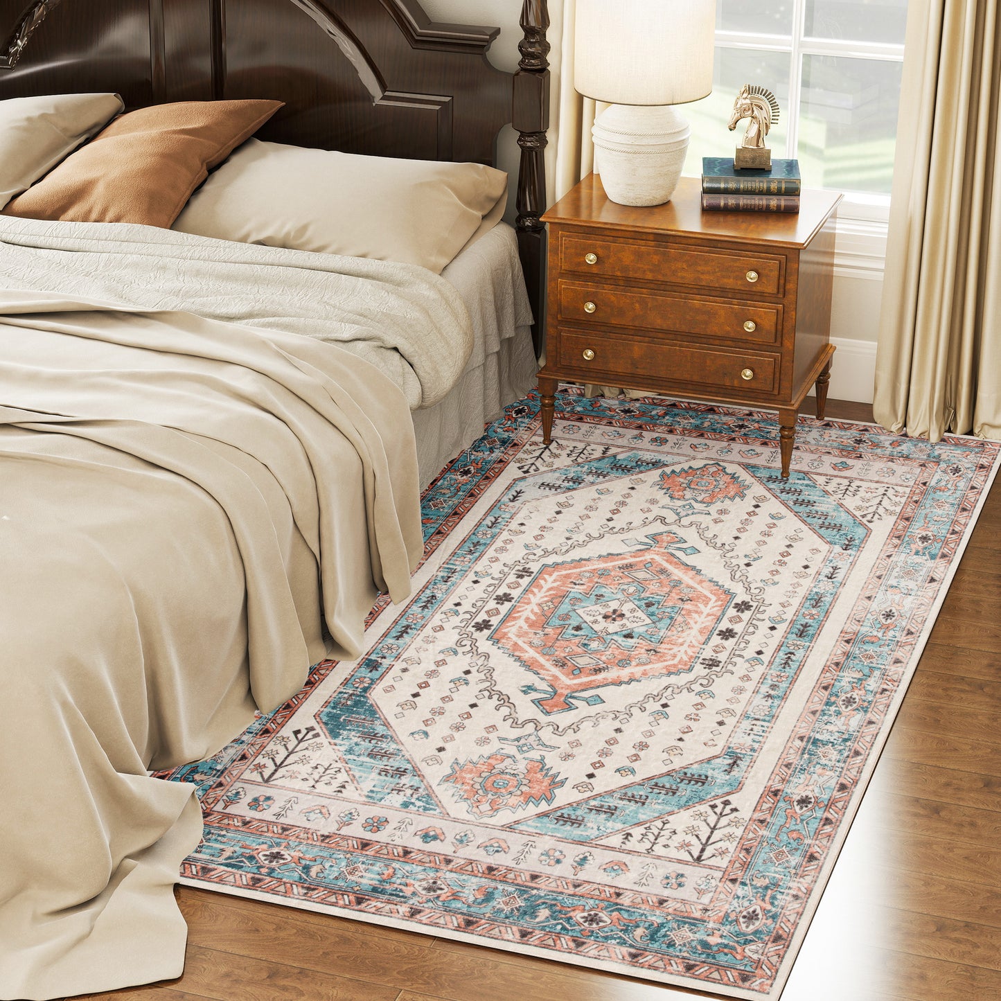 Vintage 4x6 Area Rug - Machine Washable, Non-Slip Carpet for Living Room & Bedroom - Brown & Blue