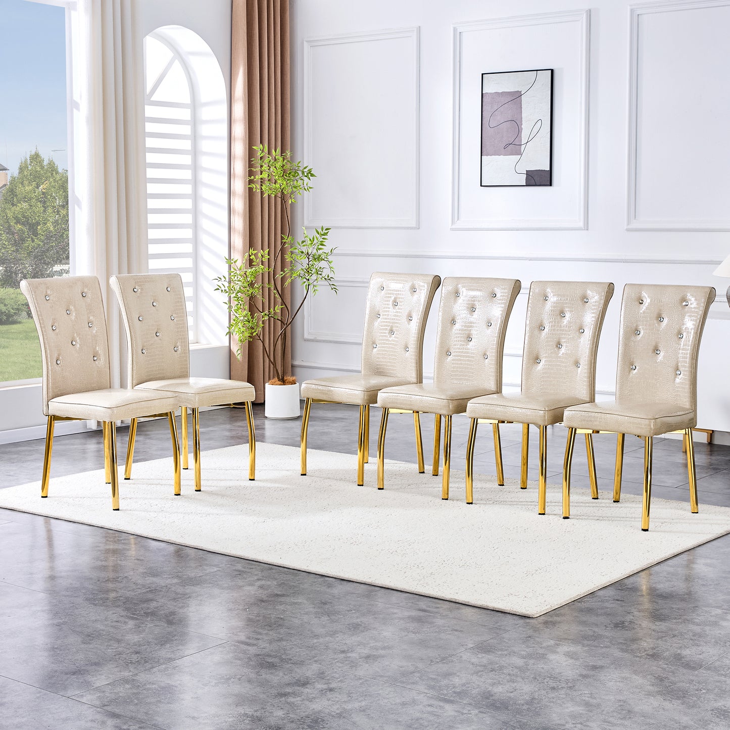 Set of 4 Beige and Gold Vintage Crocodile Leather Dining Chairs