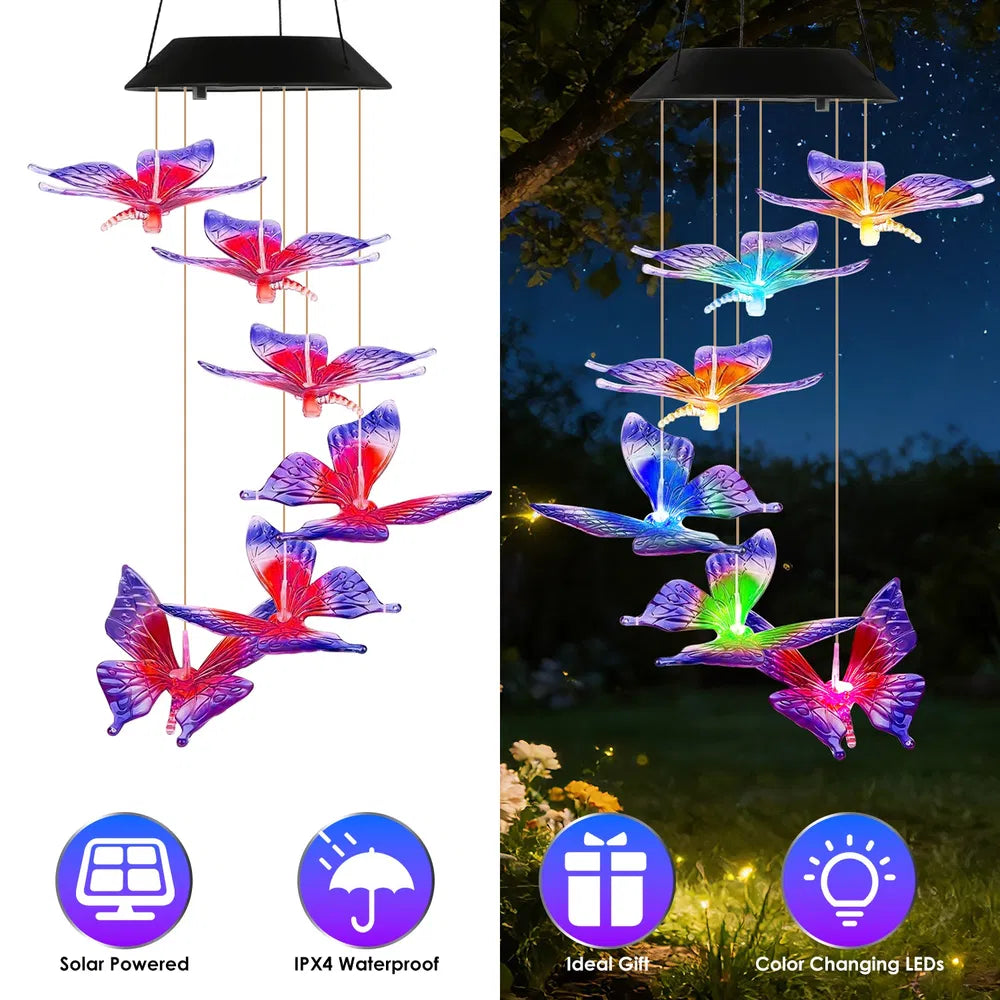 Solar Butterfly Wind Chime with Color-Changing LED Lights - 1 or 2 Pcs