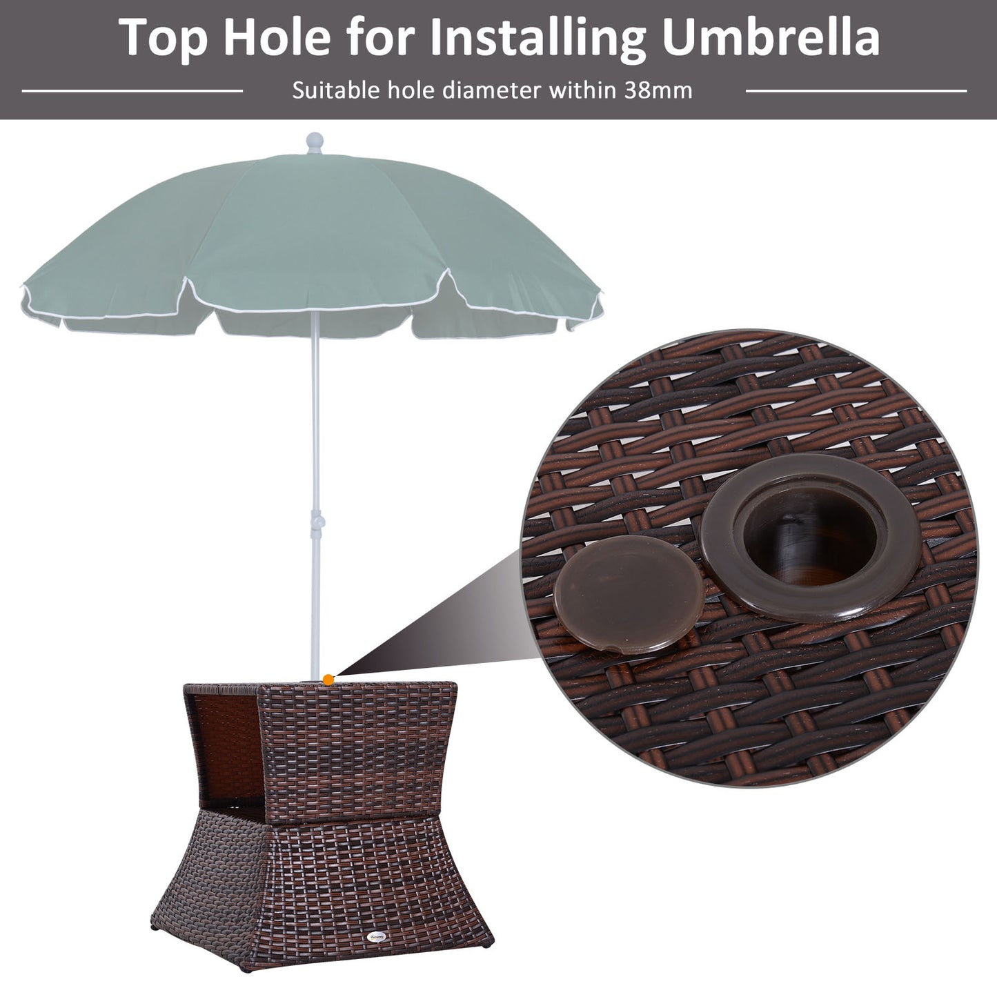 Outdoor Rattan Wicker Side Table with Umbrella Hole - Brown
