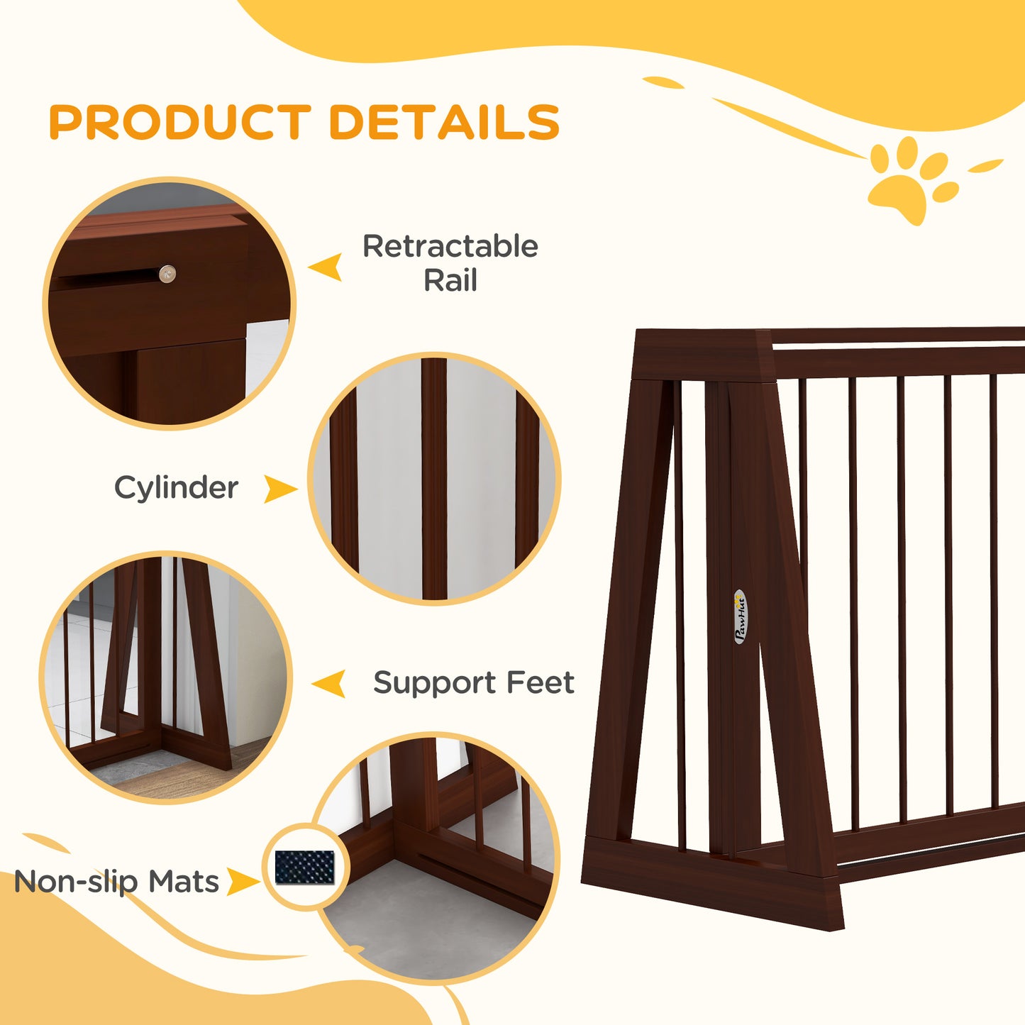 Adjustable Freestanding Wooden Pet Gate 28-75 Inches with Non-Slip Mats - Brown