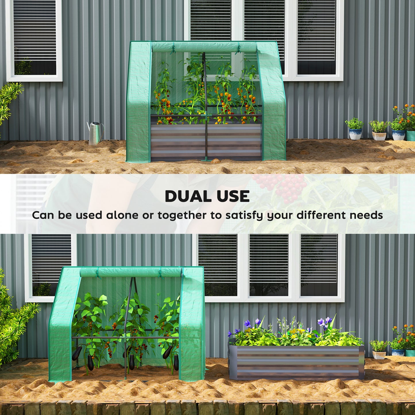 Raised Garden Bed with Mini Greenhouse - Galvanized Steel, Green & Dark Gray, 3ft