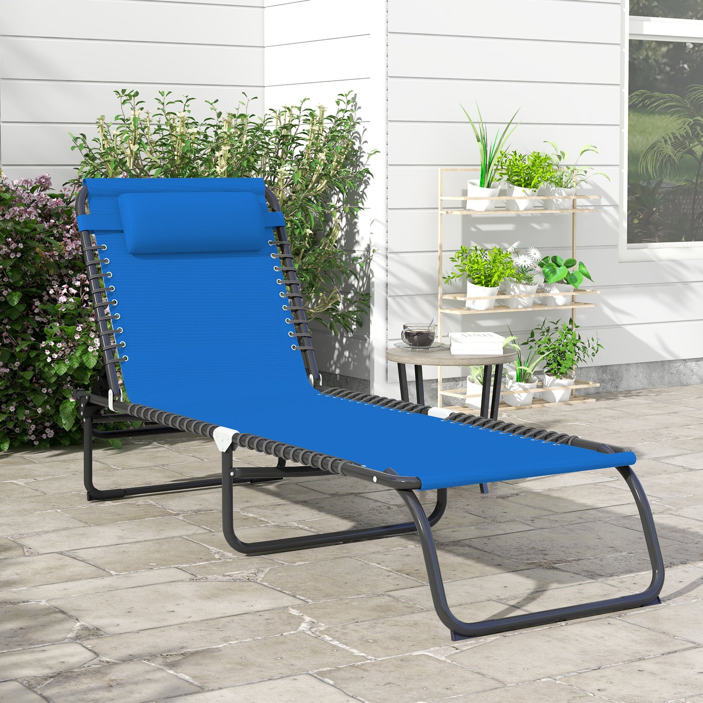 Foldable Chaise Lounge Chair - 4-Position Reclining, Portable Mesh - Navy Blue