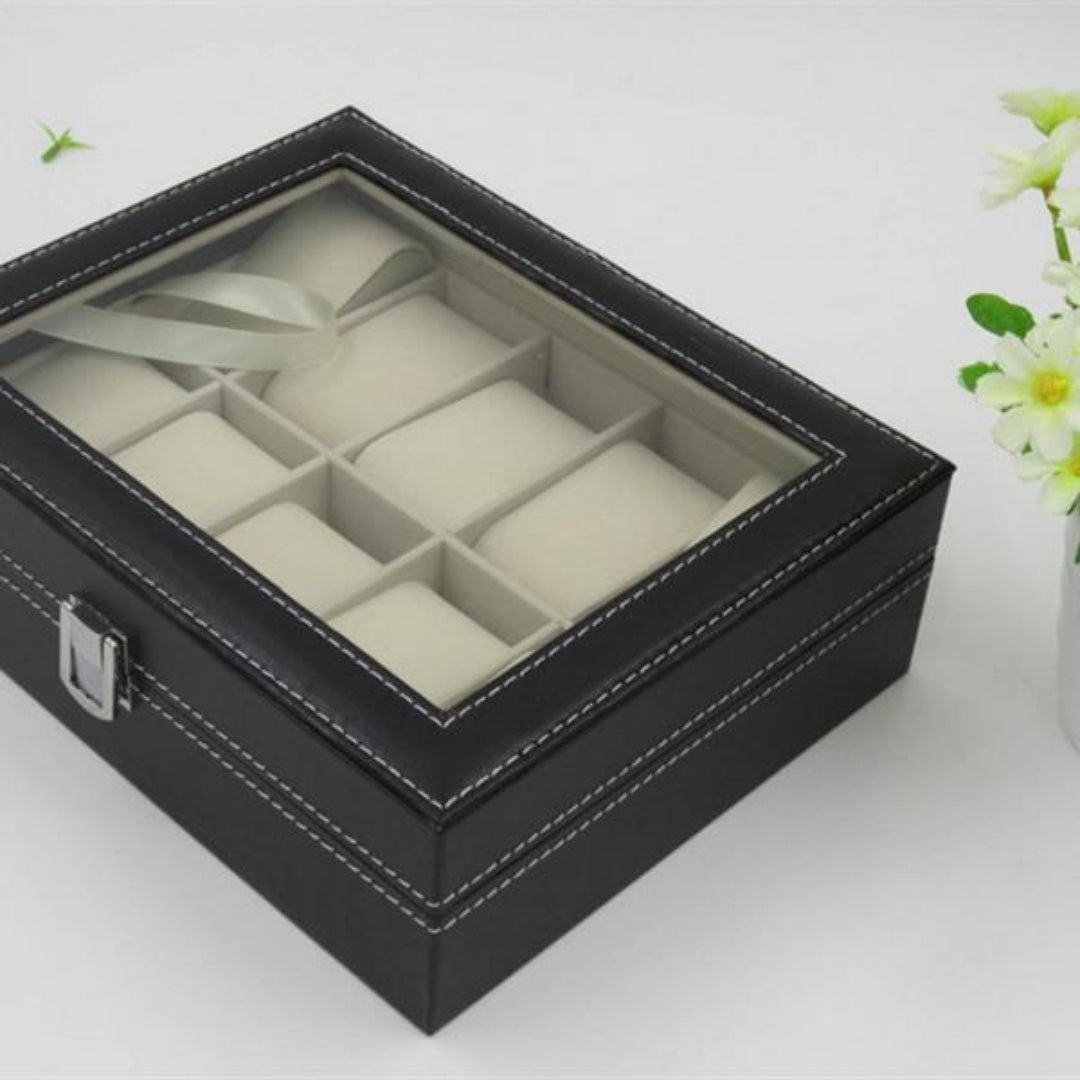 10 Compartments High-grade Leather Watch Storage Box Black