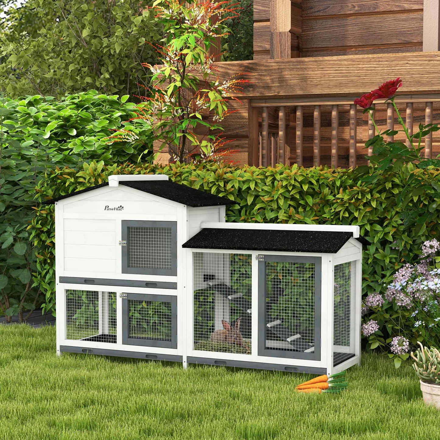 62-Inch Wooden Rabbit Hutch with Run, Removable Tray & Lockable Doors