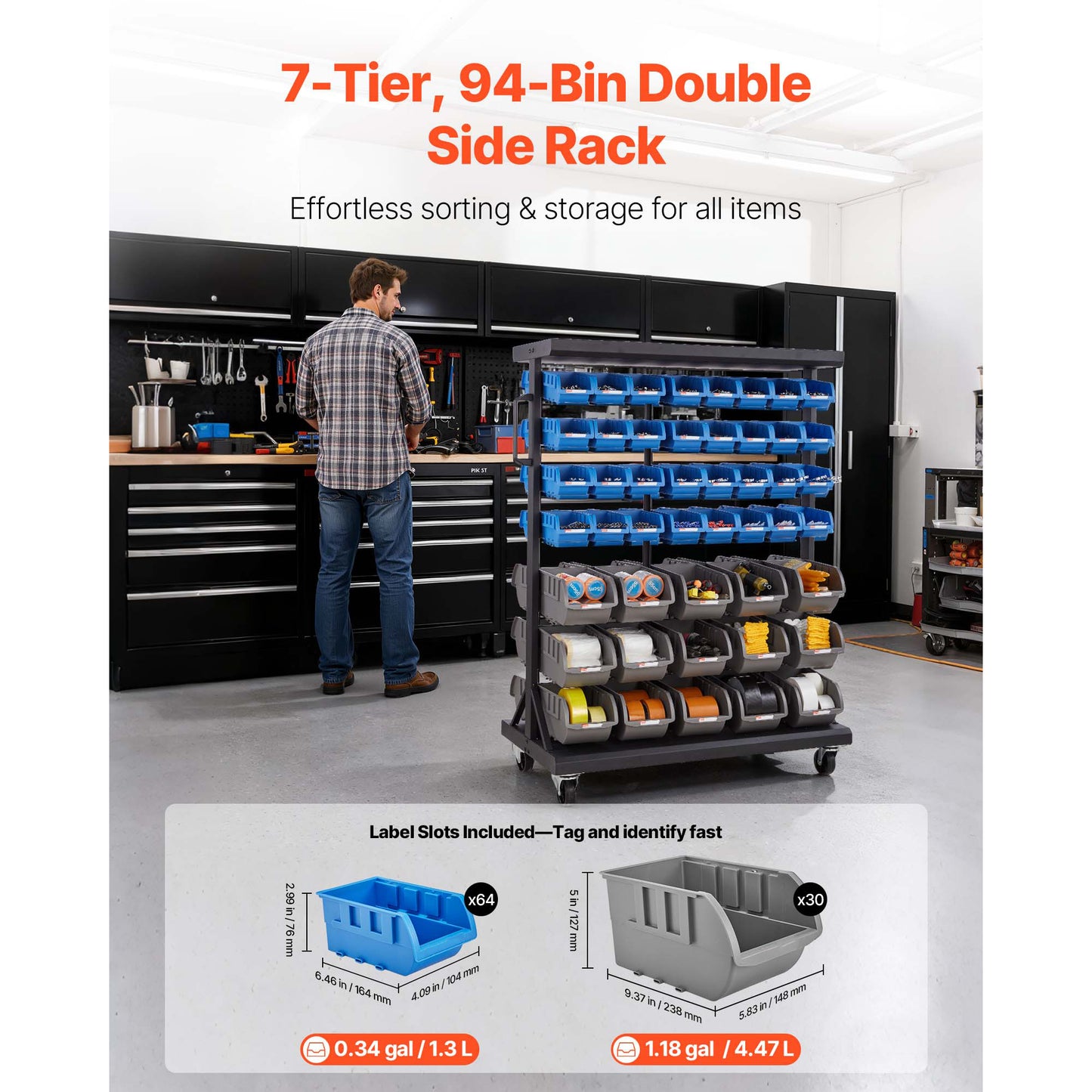 7-Tier Double-Sided Rolling Storage Rack with 94 Plastic Bins, Mobile Organizer