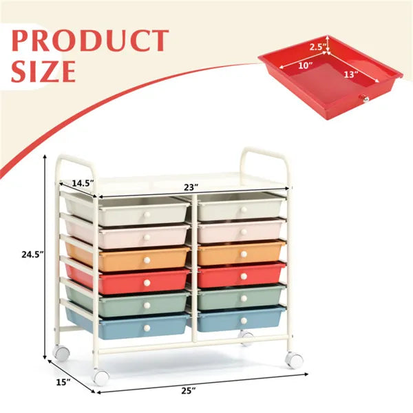 12-Drawer Rolling Storage Cart - 2-Row 10-Storey, Multicolor Drawers,