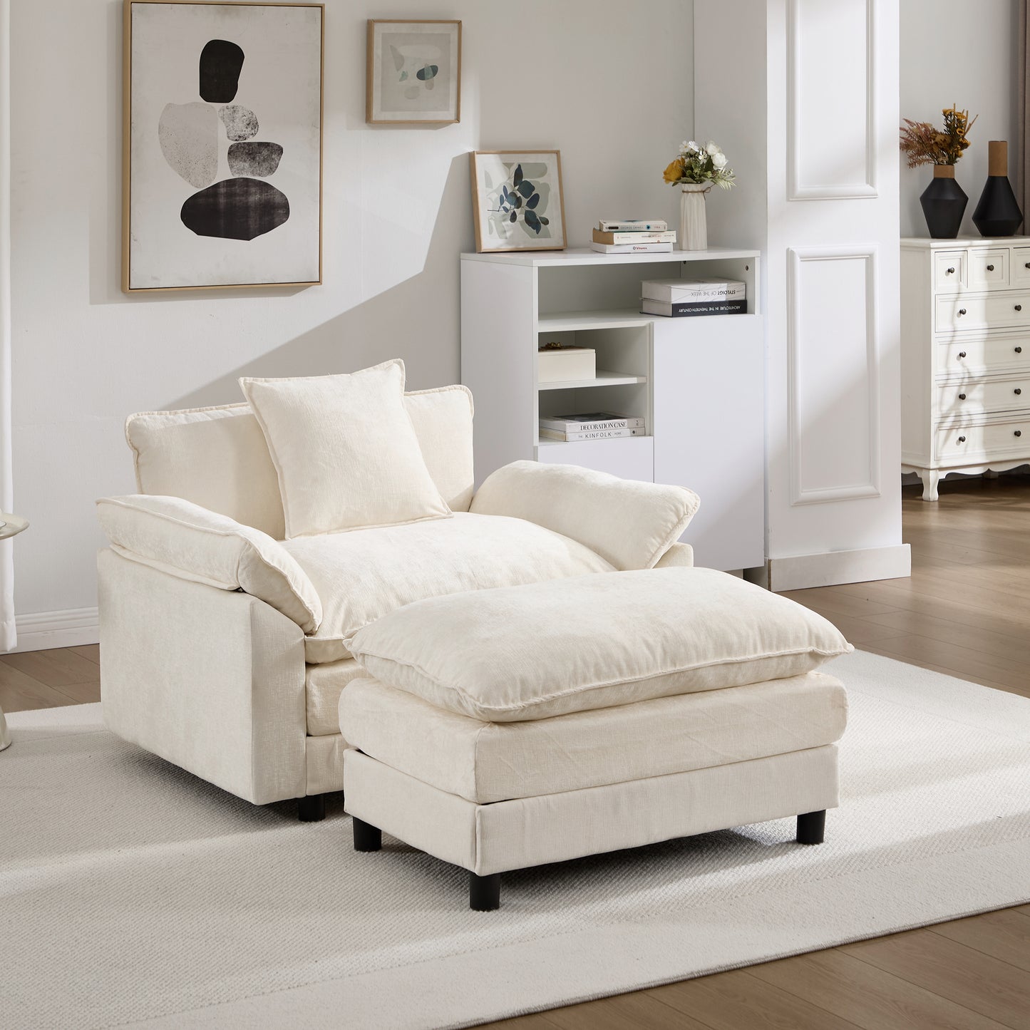 Modern Chenille Accent Chair with Ottoman - Beige Upholstered Armchair