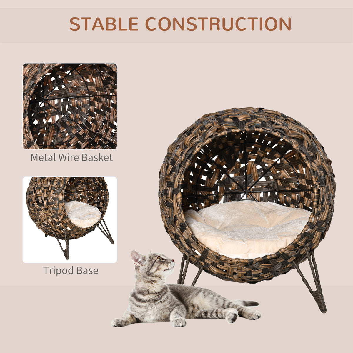20.5-Inch Weaved Cat Bed with Cushion - Elevated Handwoven Banana Leaf Condo in Brown