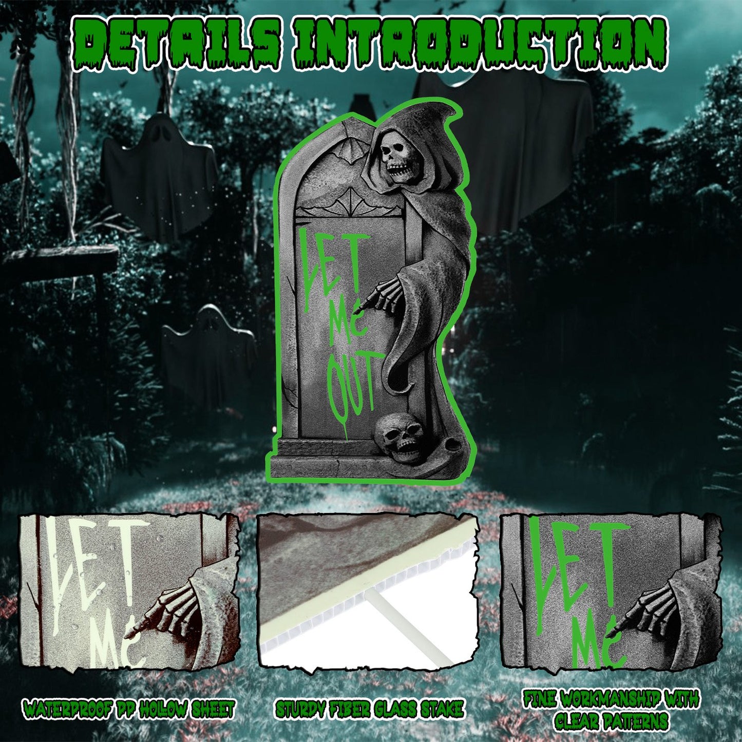 Glow In The Dark Halloween Yard Sign Set - 6 Pcs Skeleton & Cat