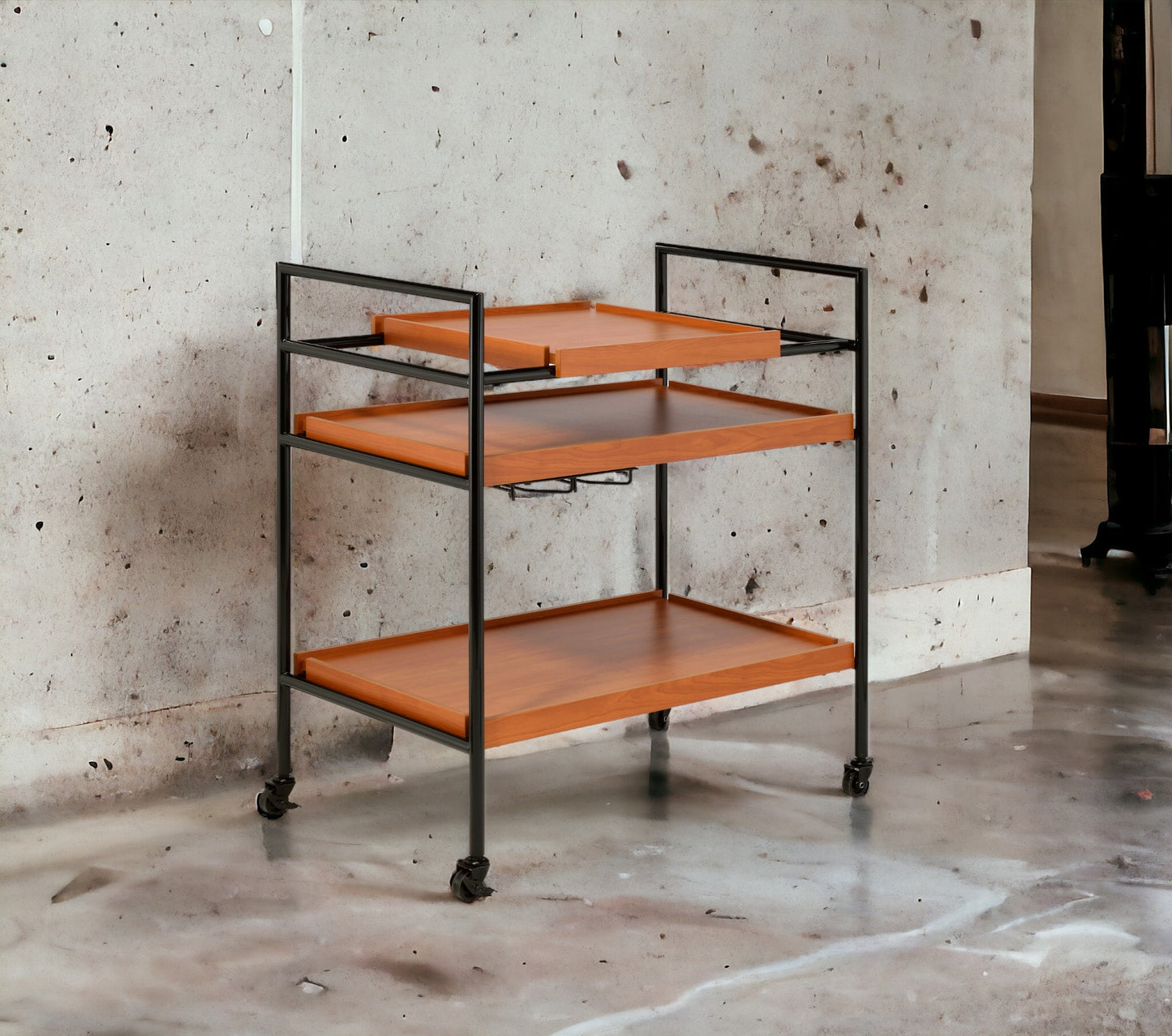 Oaken Honey Oak & Black Serving Cart with Adjustable Trays